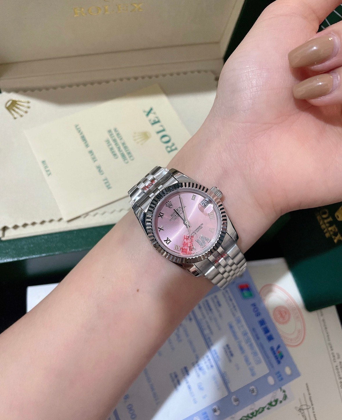 Rolex Date Just Pink and Silver Women 38mm