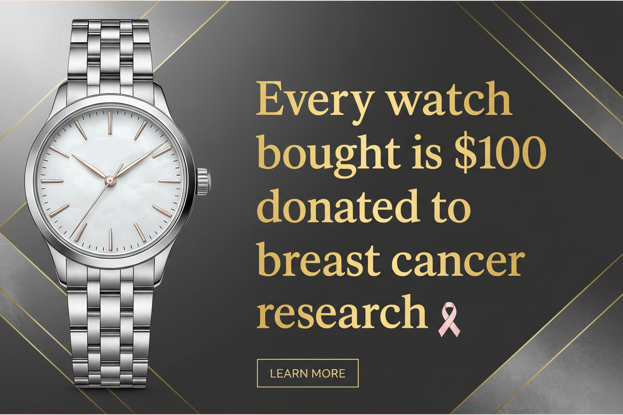 Luxury watch banner with breast cancer donation message